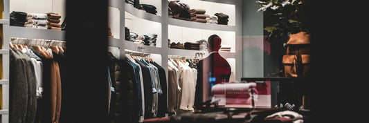 Design-led backpacks merchandised on the shelves of an independent boutique